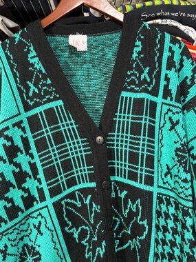 80s Jolie J.K. Knitwear Black & Teal Plaid and Leaf Pattern Cardigan Sweater